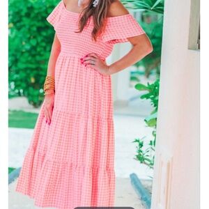 Neon coral checkered midi maxi dress